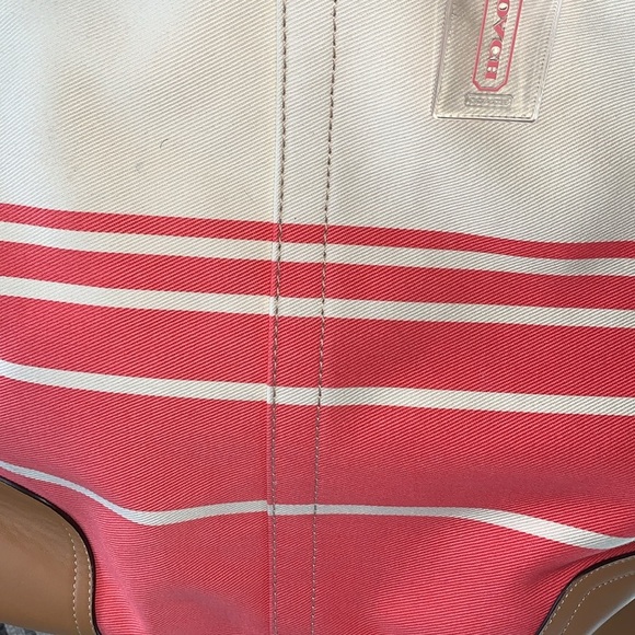 BNWOT Hadley Variegated Striped Duffle Coral Canvas Leather Bag by COACH - Picture 2 of 15